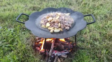 Et yuvarlak bir tavada pişirilir. Vahşi doğa. Açık havada bulaşıklar