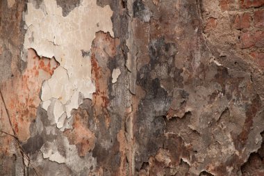 Eski püskü bir duvarın dokusu. Alçıdaki eski tuğlaların ve çatlakların geçmişi. Sarı ve kahverengi tonlar