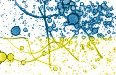 Mavi-sarı doku. Lekelerden soyutlama. Duman ve kabarcıklar. Moda arkaplanı.