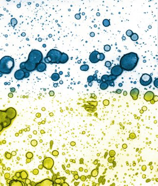 Mavi-sarı doku. Lekelerden soyutlama. Duman ve kabarcıklar. Moda arkaplanı.