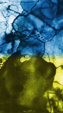 Mavi-sarı doku. Lekelerden soyutlama. Duman ve kabarcıklar. Moda arkaplanı.