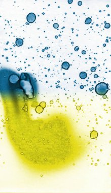 Mavi-sarı doku. Lekelerden soyutlama. Duman ve kabarcıklar. Moda arkaplanı.