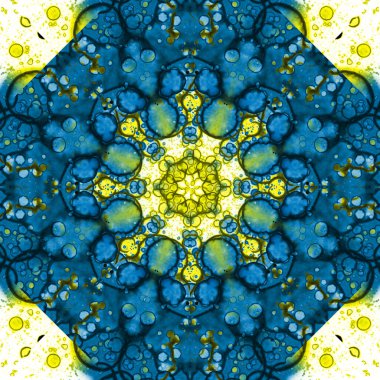 Mavi-sarı doku. Lekelerden soyutlama. Duman ve kabarcıklar. Moda arkaplanı.