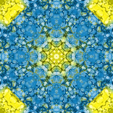 Mavi-sarı doku. Lekelerden soyutlama. Duman ve kabarcıklar. Moda arkaplanı.