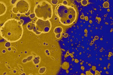 Soyut mavi sarı arka plan. Lekeler ve kabarcıklar. Alkol mürekkebi sanatı. Sembol.