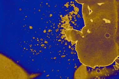 Soyut mavi sarı arka plan. Lekeler ve kabarcıklar. Alkol mürekkebi sanatı. Sembol.