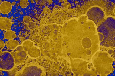 Soyut mavi sarı arka plan. Lekeler ve kabarcıklar. Alkol mürekkebi sanatı. Sembol.