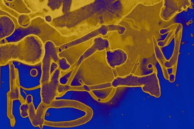 Soyut mavi sarı arka plan. Lekeler ve kabarcıklar. Alkol mürekkebi sanatı. Sembol.