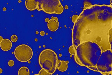 Soyut mavi sarı arka plan. Lekeler ve kabarcıklar. Alkol mürekkebi sanatı. Sembol.