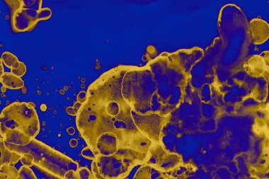 Soyut mavi sarı arka plan. Lekeler ve kabarcıklar. Alkol mürekkebi sanatı. Sembol.