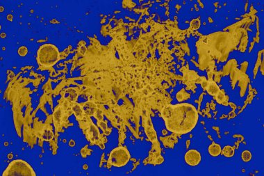 Soyut mavi sarı arka plan. Lekeler ve kabarcıklar. Alkol mürekkebi sanatı. Sembol.