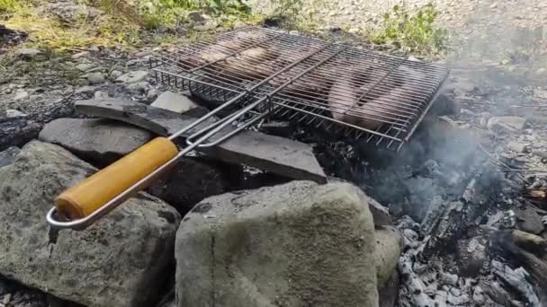 Ψήνοντας Στη Φωτιά Ψήσιμο Στο Πλέγμα Κρέας Και Λουκάνικα — Αρχείο Βίντεο
