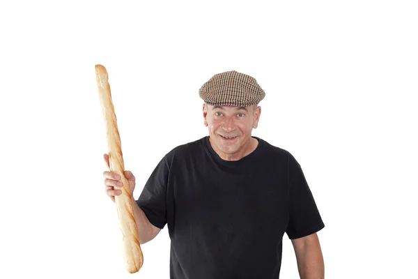 Homem francês com um boné e pão francês — Fotografia de Stock