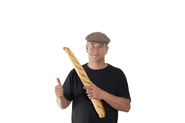 Homme français avec une casquette et du pain français — Photo