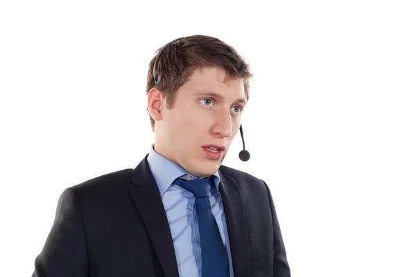 Man with telephone headset on her head — Stock Photo, Image