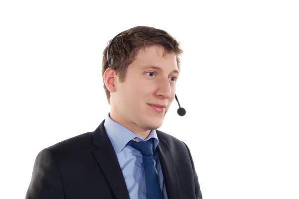 Man with telephone headset on her head — Stock Photo, Image