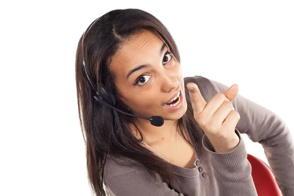 Portrait of happy smiling cheerful support phone operator in headset, isolated on white background — Stock Photo, Image