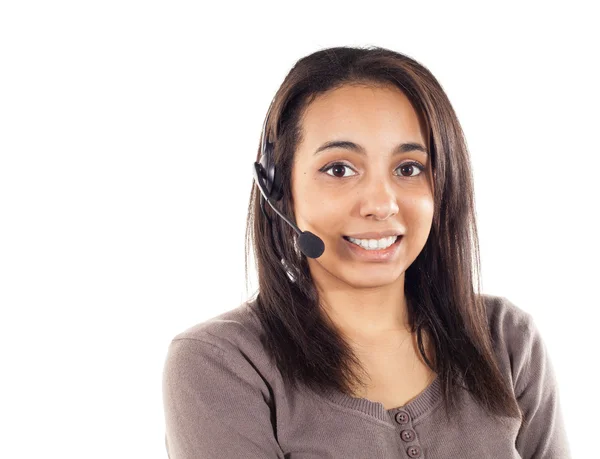 Portret van gelukkig lachend vrolijke ondersteuning telefoon operator in hoofdtelefoon, geïsoleerd op witte achtergrond — Stockfoto