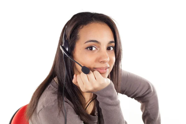 Portrait of happy smiling cheerful support phone operator in headset, isolated on white background — Stock Photo, Image