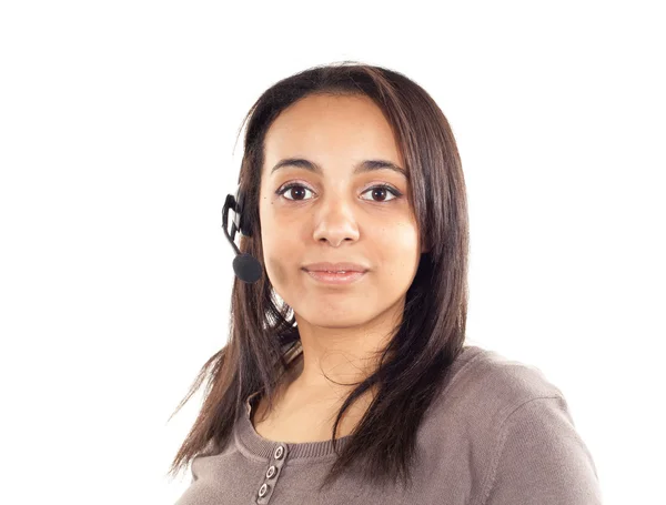 Portrait of happy smiling cheerful support phone operator in headset, isolated on white background — Stock Photo, Image