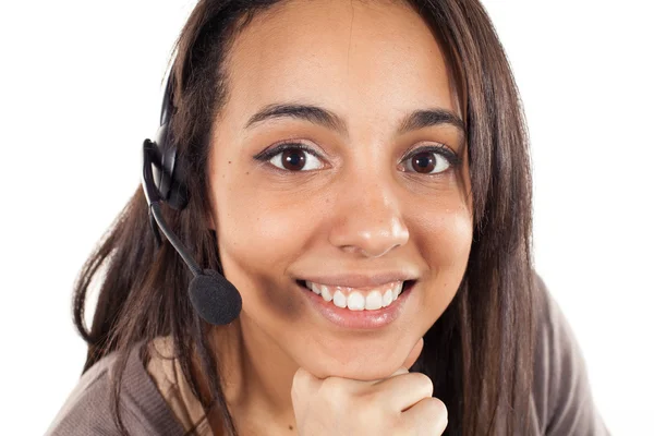 Portret van gelukkig lachend vrolijke ondersteuning telefoon operator — Stockfoto