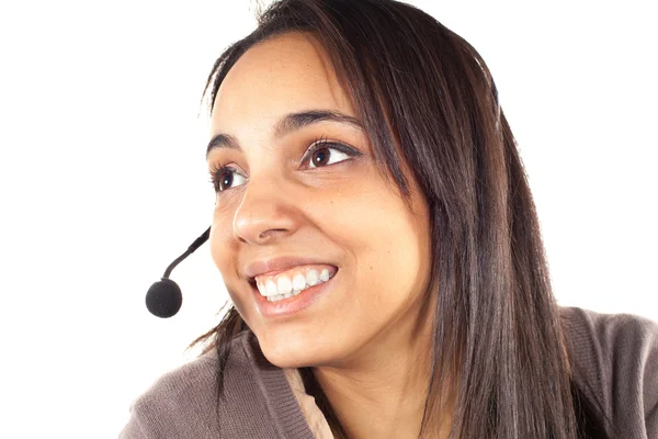 Portrait of happy smiling cheerful support phone operator — Stock Photo, Image