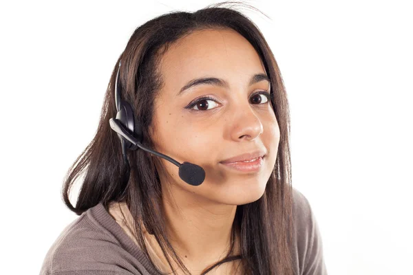 Portrait of happy smiling cheerful support phone operator — Stock Photo, Image