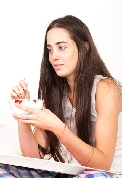 Woman drinking bowl at breakfast — Stock Photo, Image