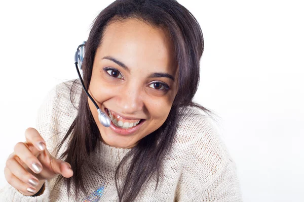 Représentant client fille avec casque — Photo