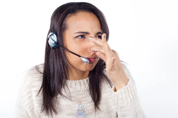 Représentant client fille avec casque — Photo