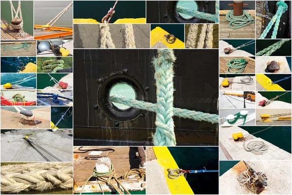 Fotocollage vom Anlegen von Booten im Hafen — Stockfoto
