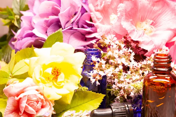 Květiny Láhve Éterických Olejů Pro Aromaterapii — Stock fotografie