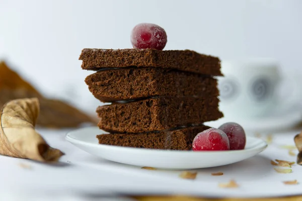 Ciasto Czekoladowe Kakao Ozdobione Wiśniami Domowe Ciasta Fotografia Płytkiej Głębi — Zdjęcie stockowe