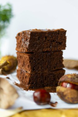 Cevizli çikolatalı bisküvi. Resmedilmiş uzayın küçük bir derinliğine sahip bir fotoğraf.