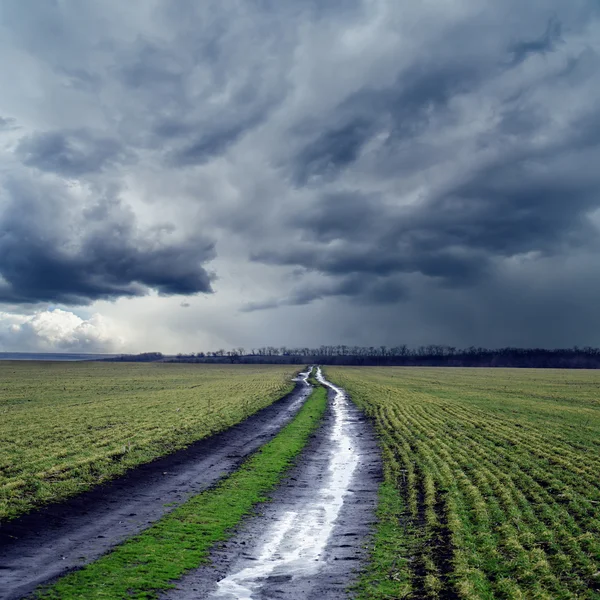 Strada sporca bagnata nel campo sotto un cielo drammatico — Foto Stock