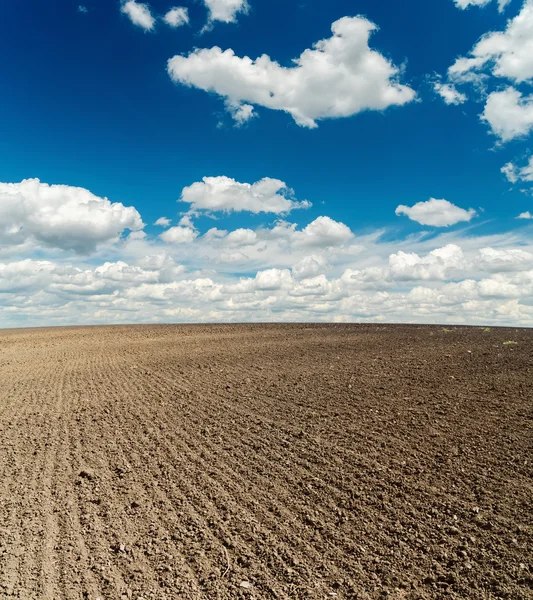 Campo arato nero dopo la raccolta e cielo nuvoloso blu — Foto Stock