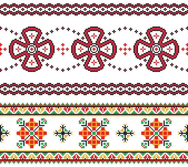 2 sömlösa broderade varor som handgjorda korsstygn etniska Ukraina mönster — Stock vektor