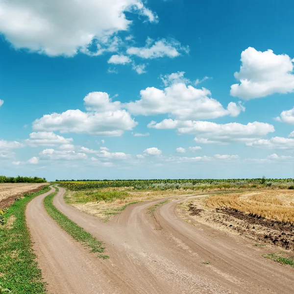 Duas estradas sujas sob céu azul nublado — Fotografia de Stock