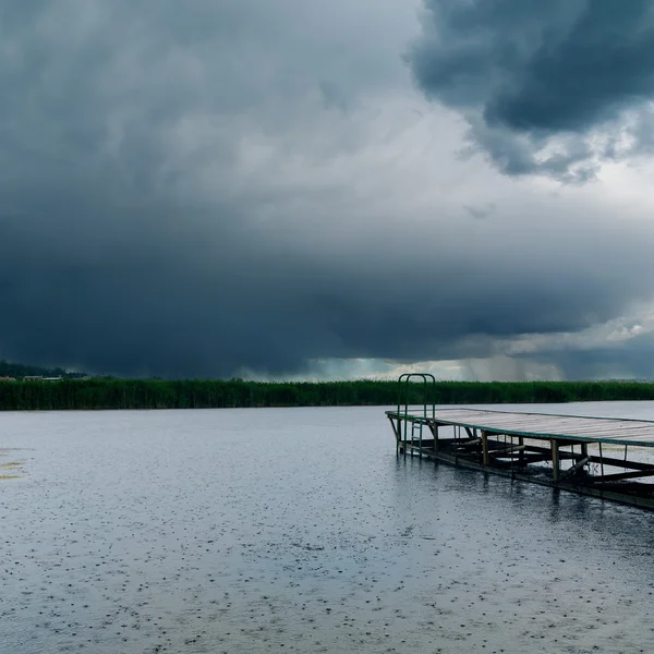 Dark dramatic sky over river — Stock Photo, Image