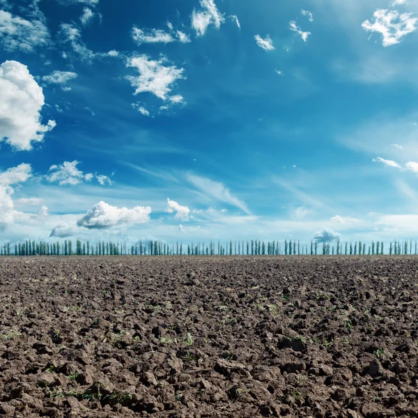 Deep blue sky with clouds and black agriculture field — Stock Photo, Image