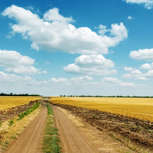 Грязная дорога к горизонту в поле и облака в голубом небе — стоковое фото