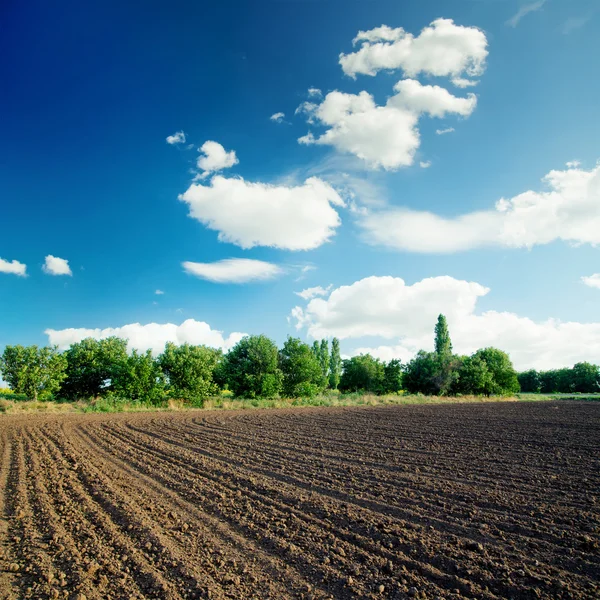 Campo agricolo nero e cielo blu con nuvole — Foto Stock