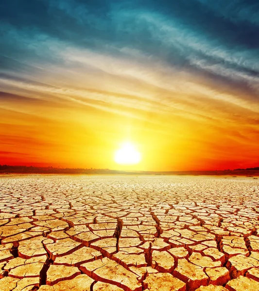 Gouden zonsondergang over gebarsten woestijn — Stockfoto