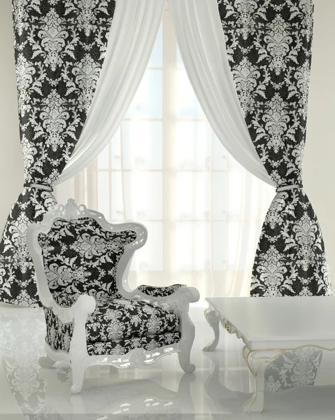 Modern pattern armchair in baroque design interior, black and wh — Stock Photo, Image