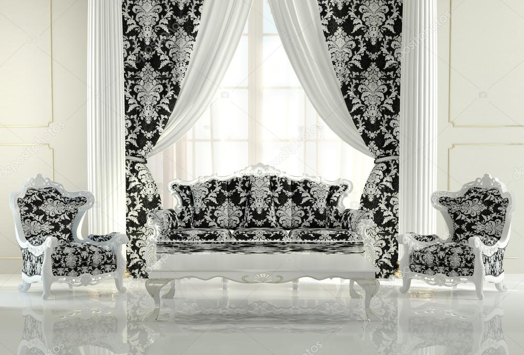 Modern furniture in baroque design interior apartment. Royal sof