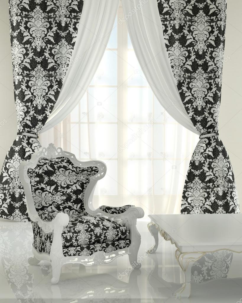 Modern pattern armchair in baroque design interior, black and wh