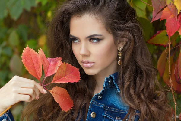 Hermosa mujer elegante posando en el parque, retrato de otoño — Foto de Stock