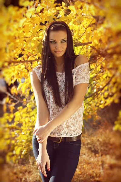 Automne Brunette Femme Mode, Portrait en plein air . — Photo