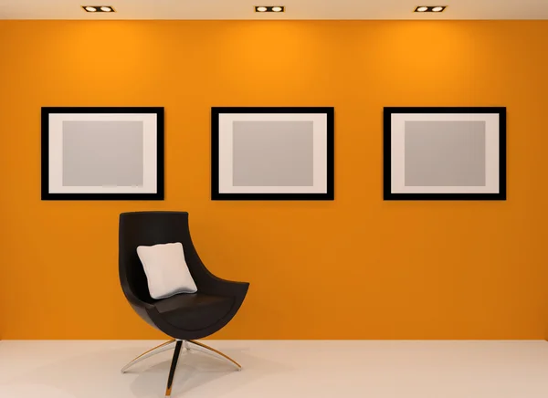 Γκαλερί τοίχο. σύγχρονη πολυθρόνα και κενή εικόνα στον τοίχο σε o — Φωτογραφία Αρχείου