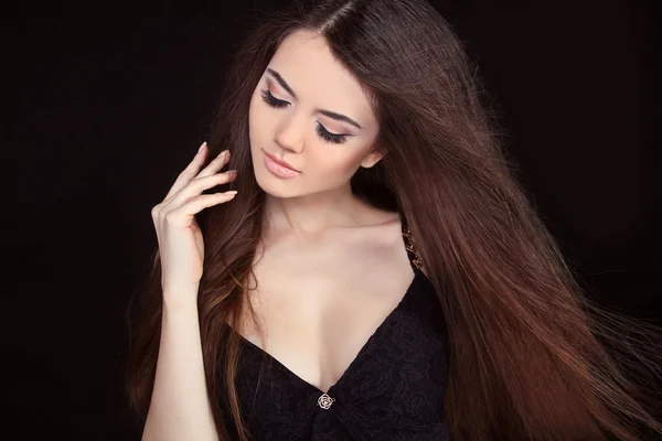 Beautiful Woman with Straight Long Hair on black background — Stock Photo, Image